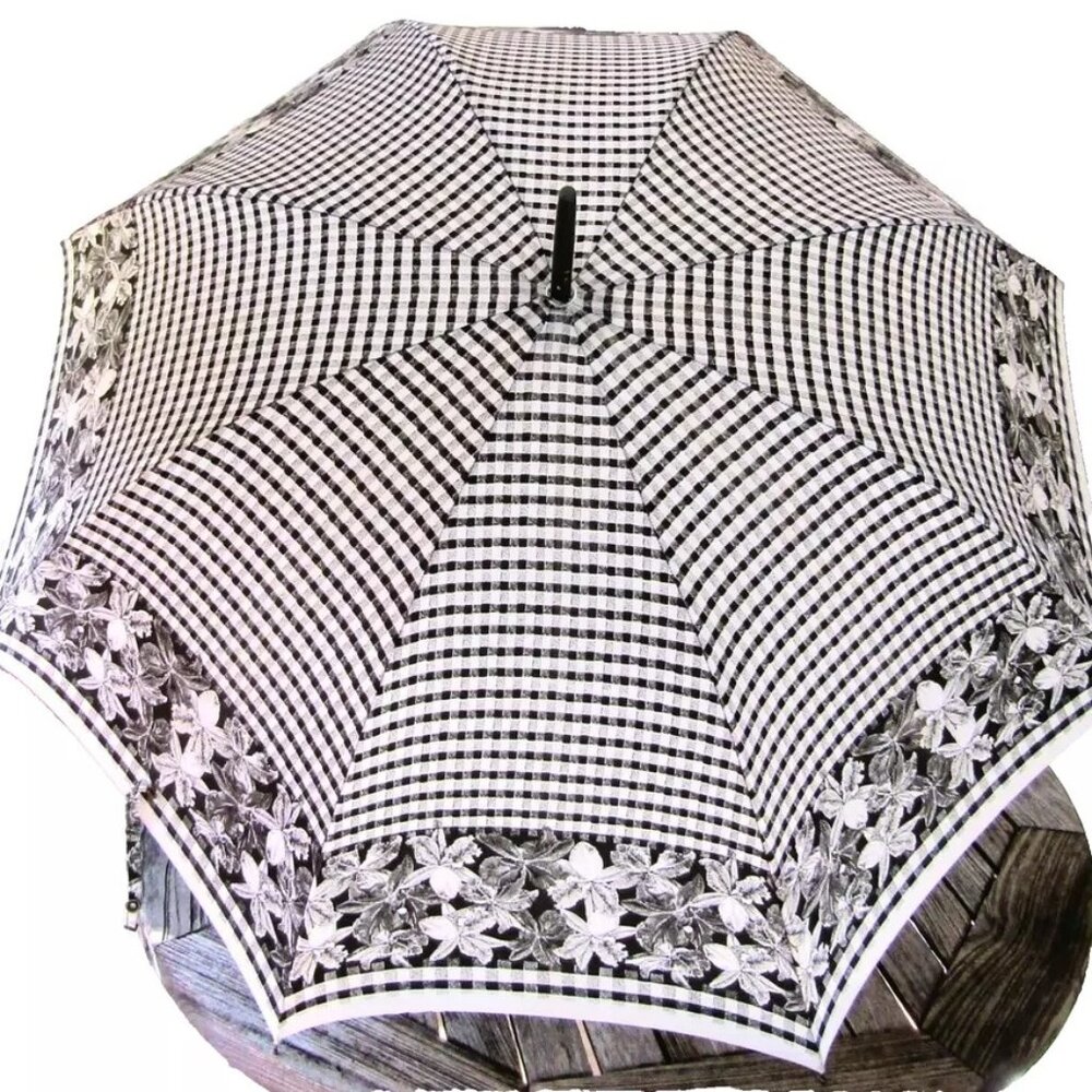 Vintage Gianni Versace Black and White Gingham Check and Floral Umbrella